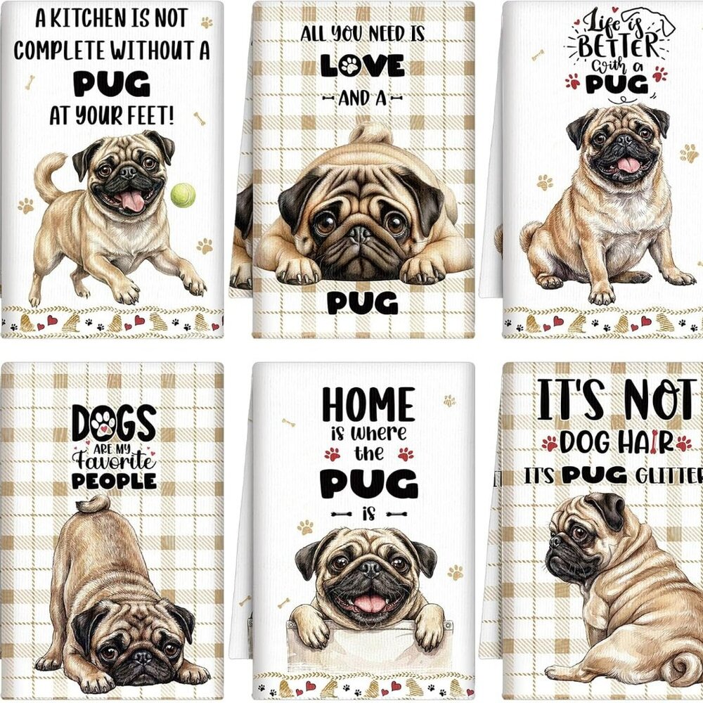 6 Pcs Pug Dog Kitchen Towels Gifts for Pug Lovers‎